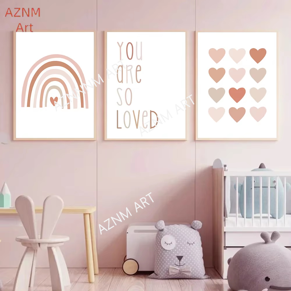 Baby Nursery Art - 1/3PCS ，Cartoon Heart Rainbow Pink Wall