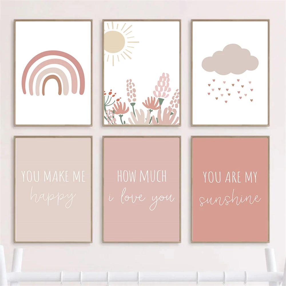 Baby Nursery Art - Rainbow Cloud Sunshine Canvas Painting Pink