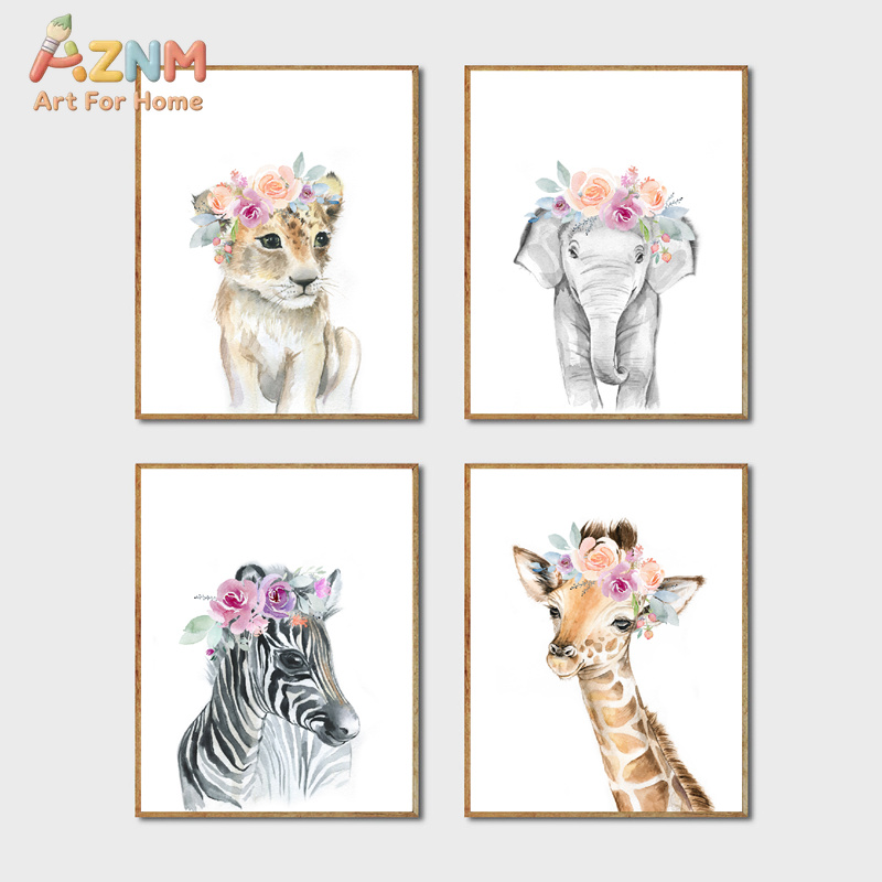 Baby Nursery Animal Pictures - Animals Floral Crown Art Decor Canvas
