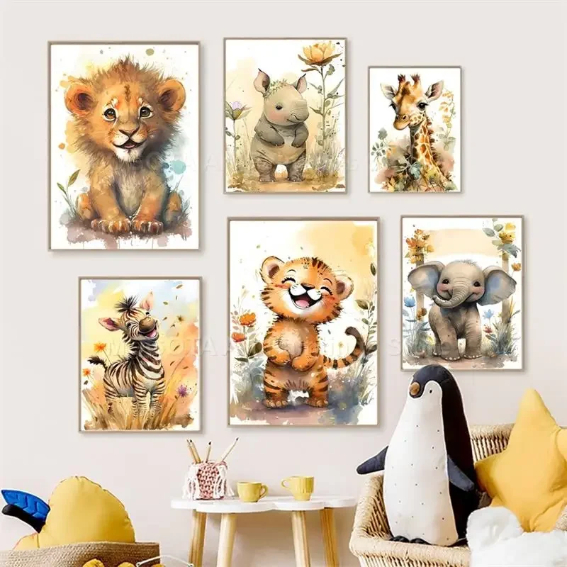 Baby Nursery Kids - Watercolor Lion Giraffe Tiger Elephant Zebra
