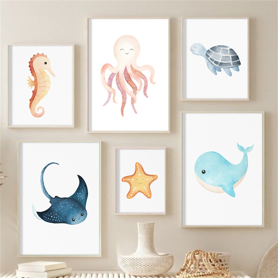 Baby Nursery Art - Watercolor Sea Horse Whale Octopus Turtle