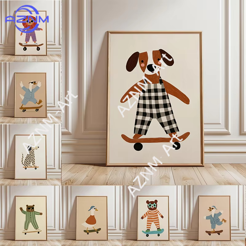 Baby Nursery Things - 1PC Funny Animal Skateboarding Poster Trendy