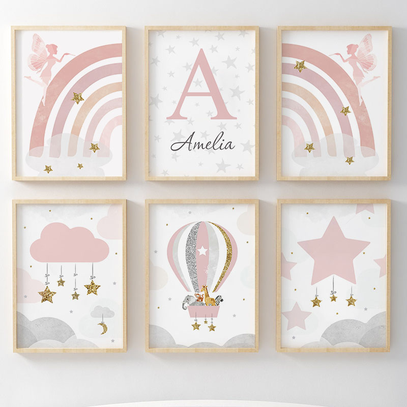 Baby Nursery Animal Pictures - Pink Angel Girl Rainbow Wall Art