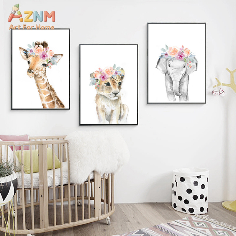 Animals Floral Crown Art Decor - Baby Nursery Animal Pictures review and price