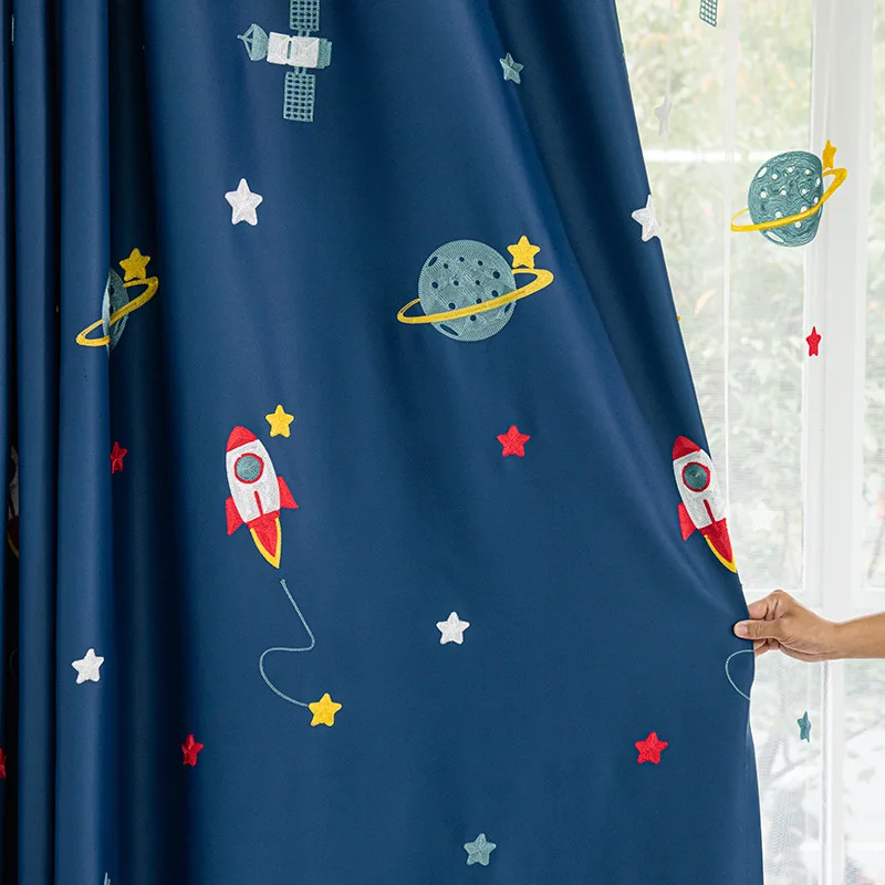 Navy Blue Cartoon Rocket Space - Baby Nursery Blackout Curtains review and price