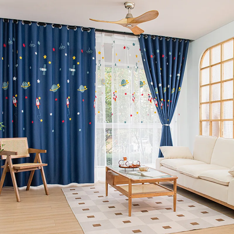 Navy Blue Cartoon Rocket Space - Baby Nursery Blackout Curtains review and price