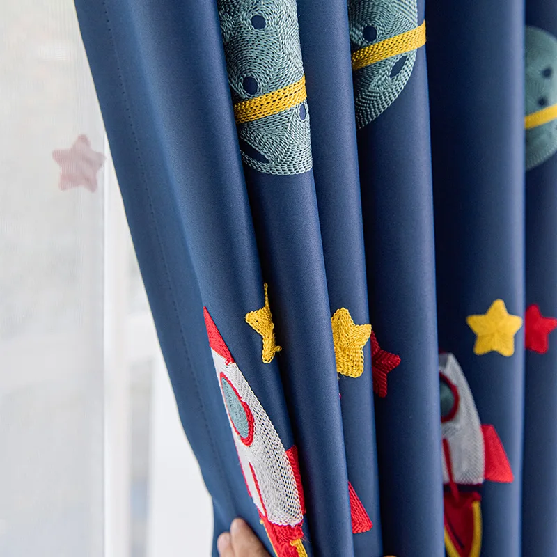 Navy Blue Cartoon Rocket Space - Baby Nursery Blackout Curtains review and price